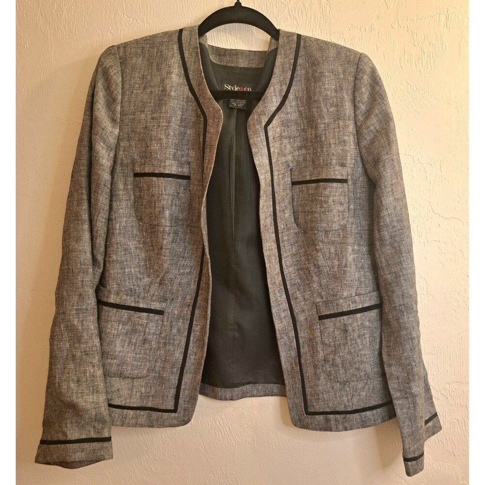 Style&co. Blazer Womens Gray Black Contrast Trim Pockets Long Sleeve Size 12‎